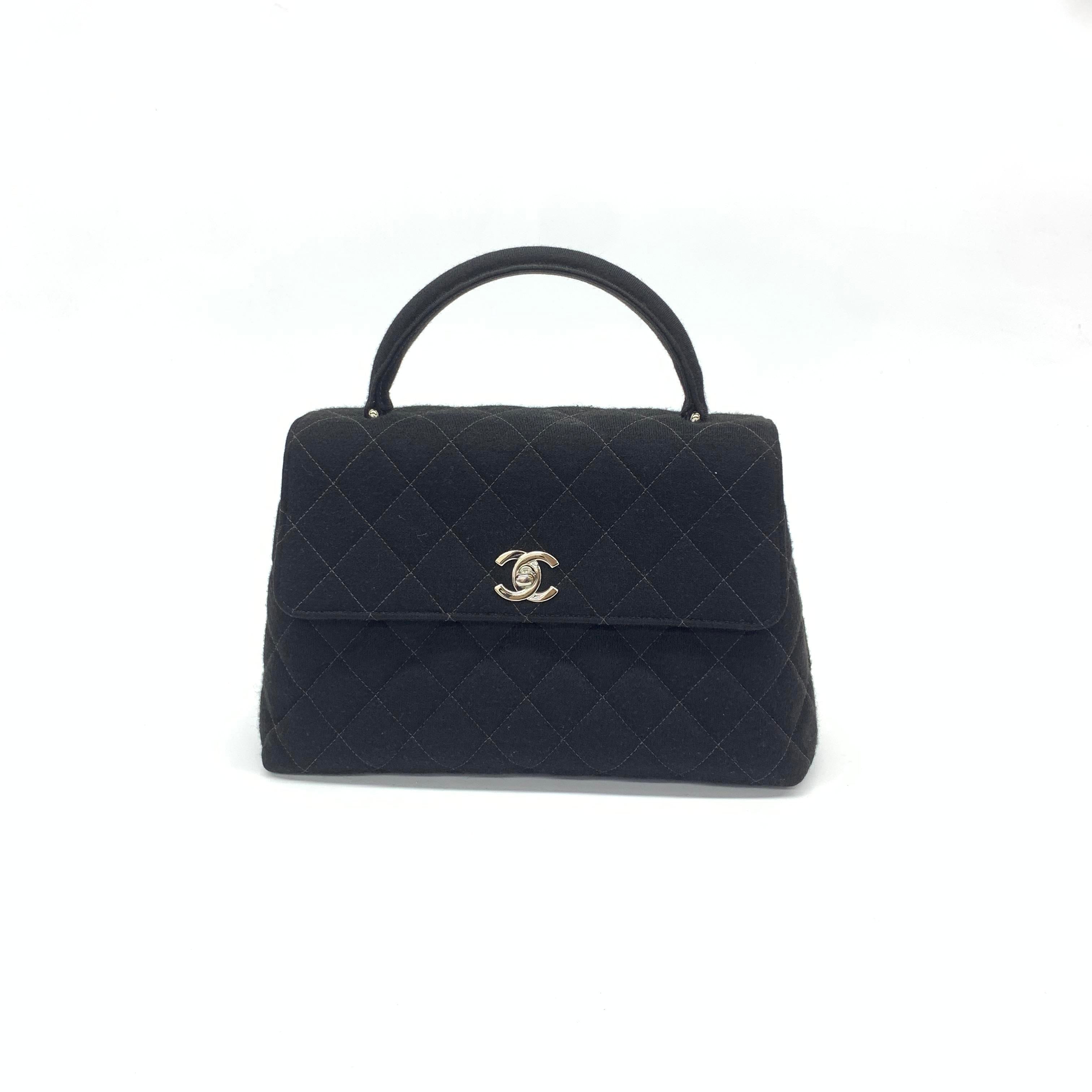 Chanel Vintage Top Handle Kelly Coco Handle Black Flap Bag Fabric Silver Hardware