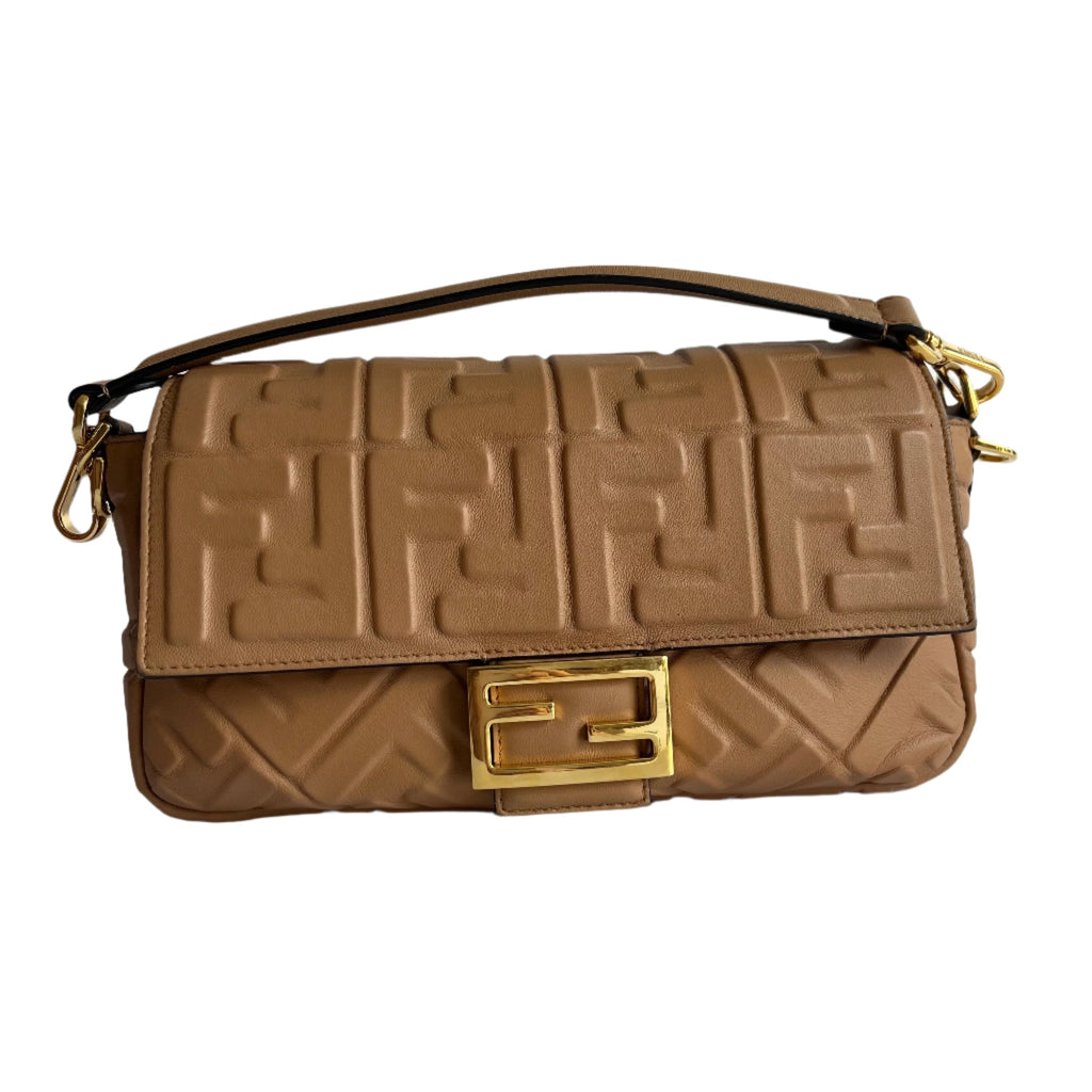 Fendi Baguette Caramel Tan Brown Lambskin Leather Crossbody Bag Medium