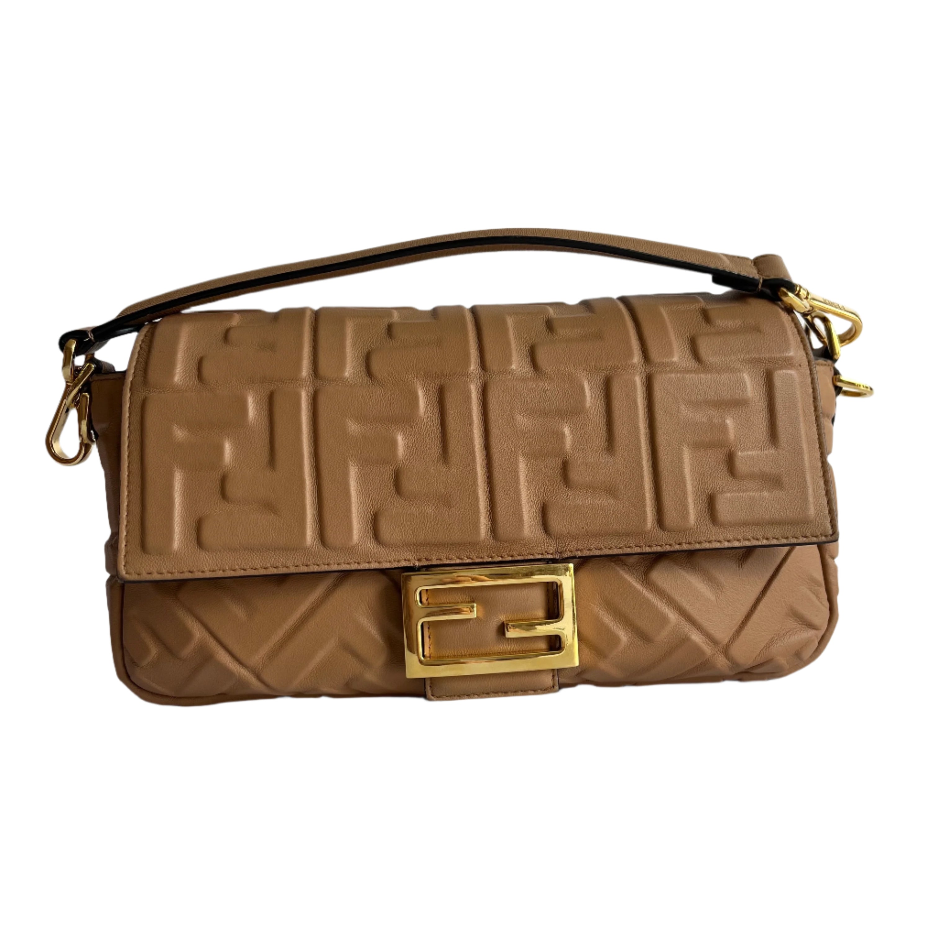 Fendi Baguette Caramel Tan Brown Lambskin Leather Crossbody Bag Medium