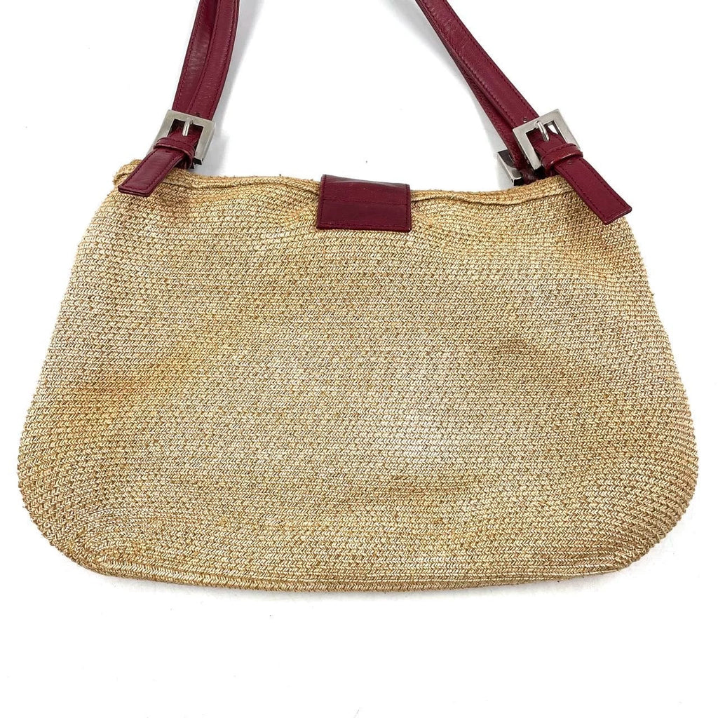 Fendi Mamma Baguette Raffia Straw Shoulder Bag Red Leather Strap