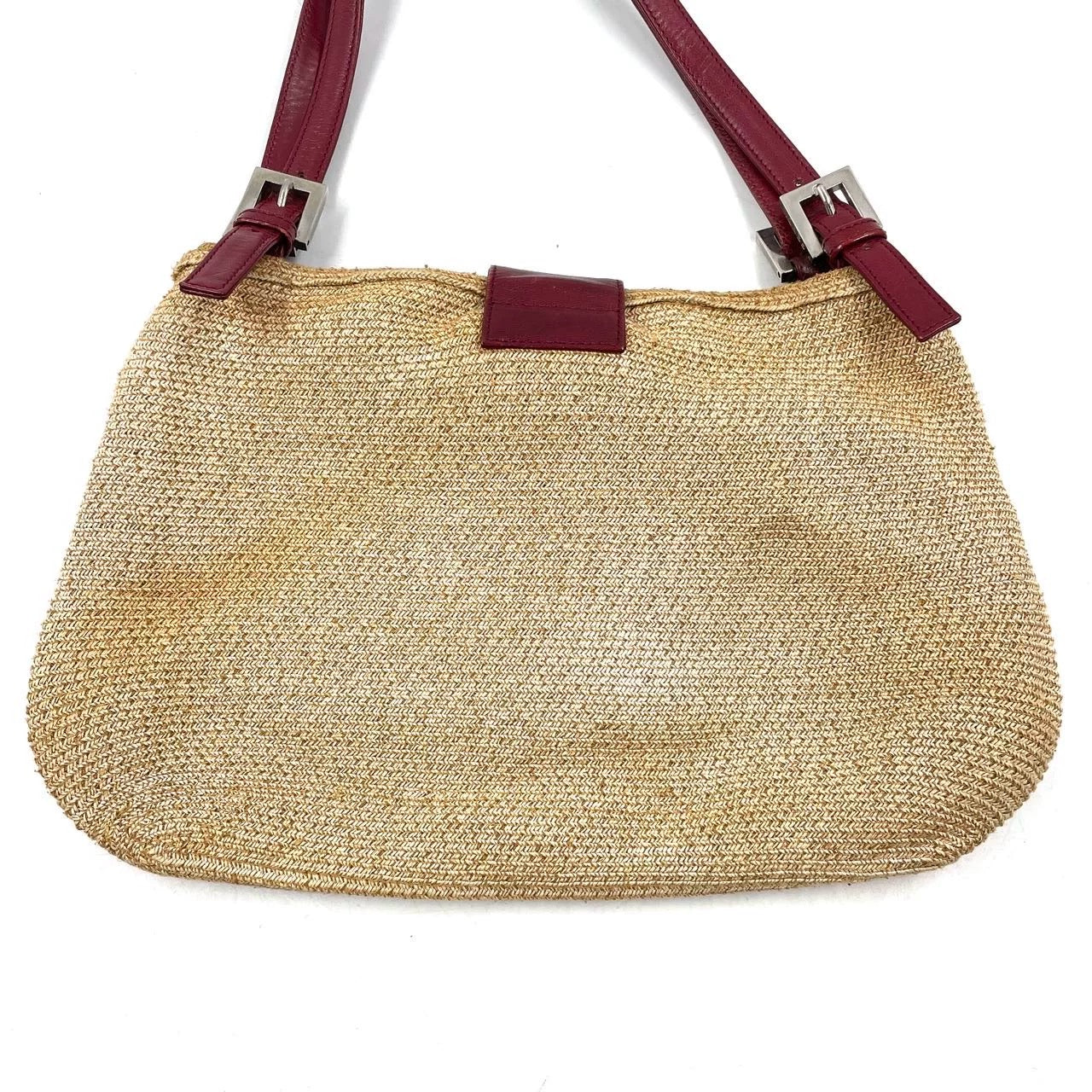 Fendi Mamma Baguette Raffia Straw Shoulder Bag Red Leather Strap