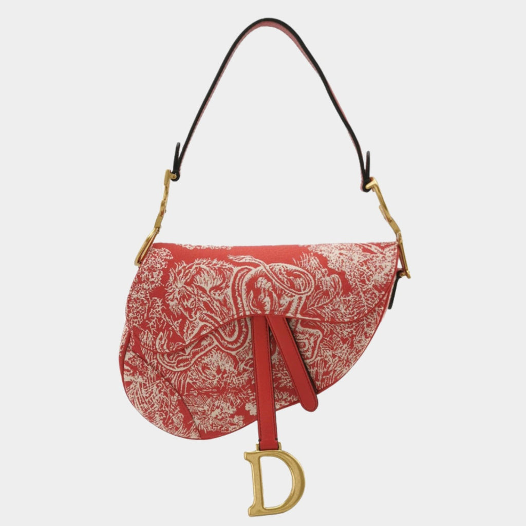 Christian Dior Saddle Medium Red Canvas Rain Forest Prints