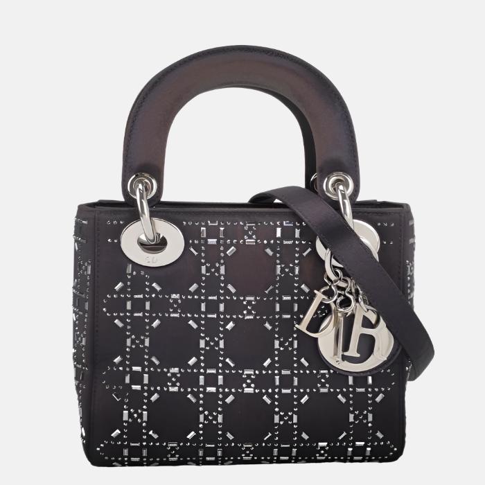 Lady Dior Mini Black Silk with Crystals Silver Hardware
