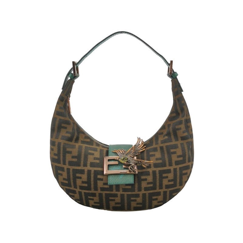 Fendi Croissant Shoulder Bag Medium Zucca Monogram Canvas Lizard-skin Strap Bird Brooch