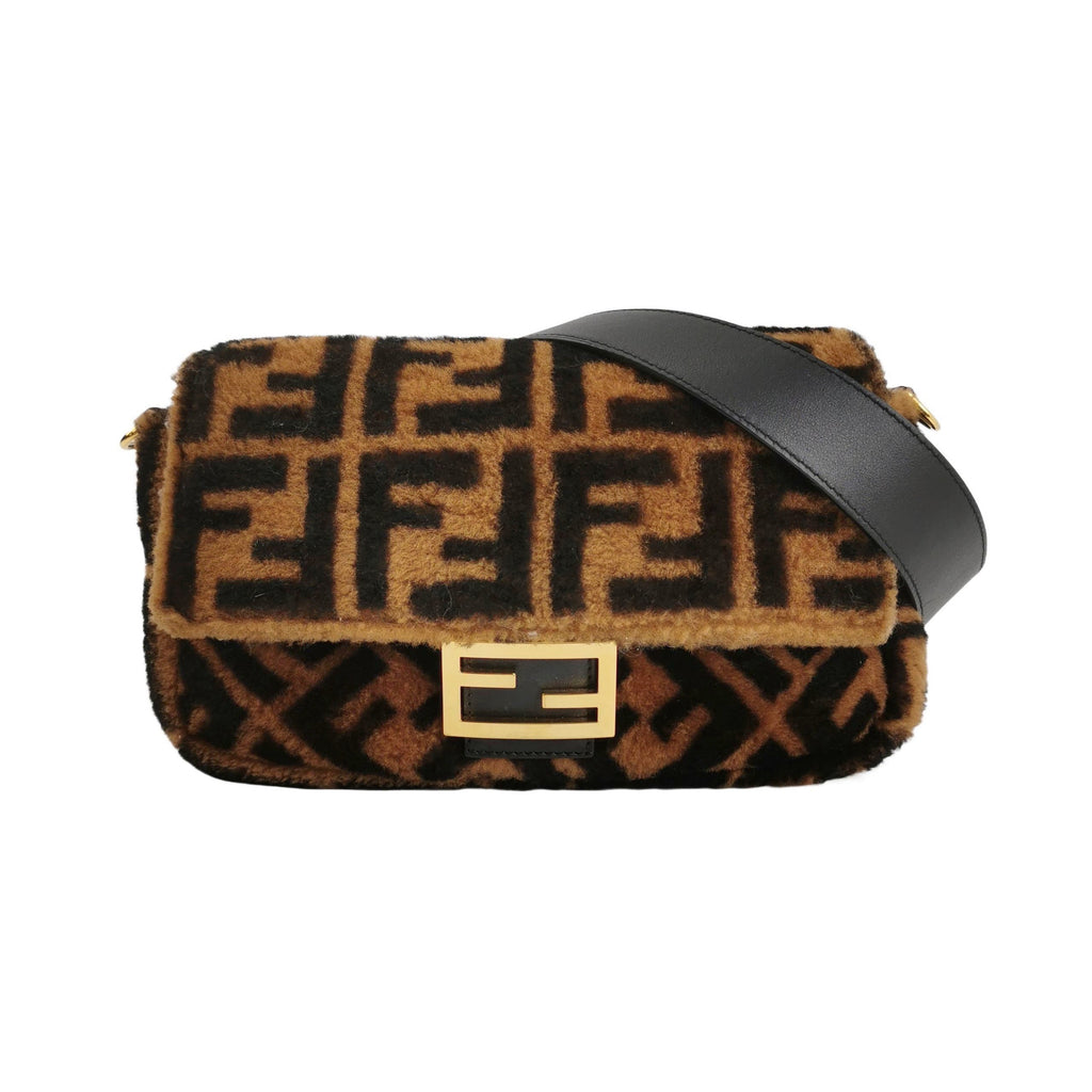 Fendi Baguette Medium Shearling Vitello Dolce Marco FF 1974 Tobacco Black Brown Zucca