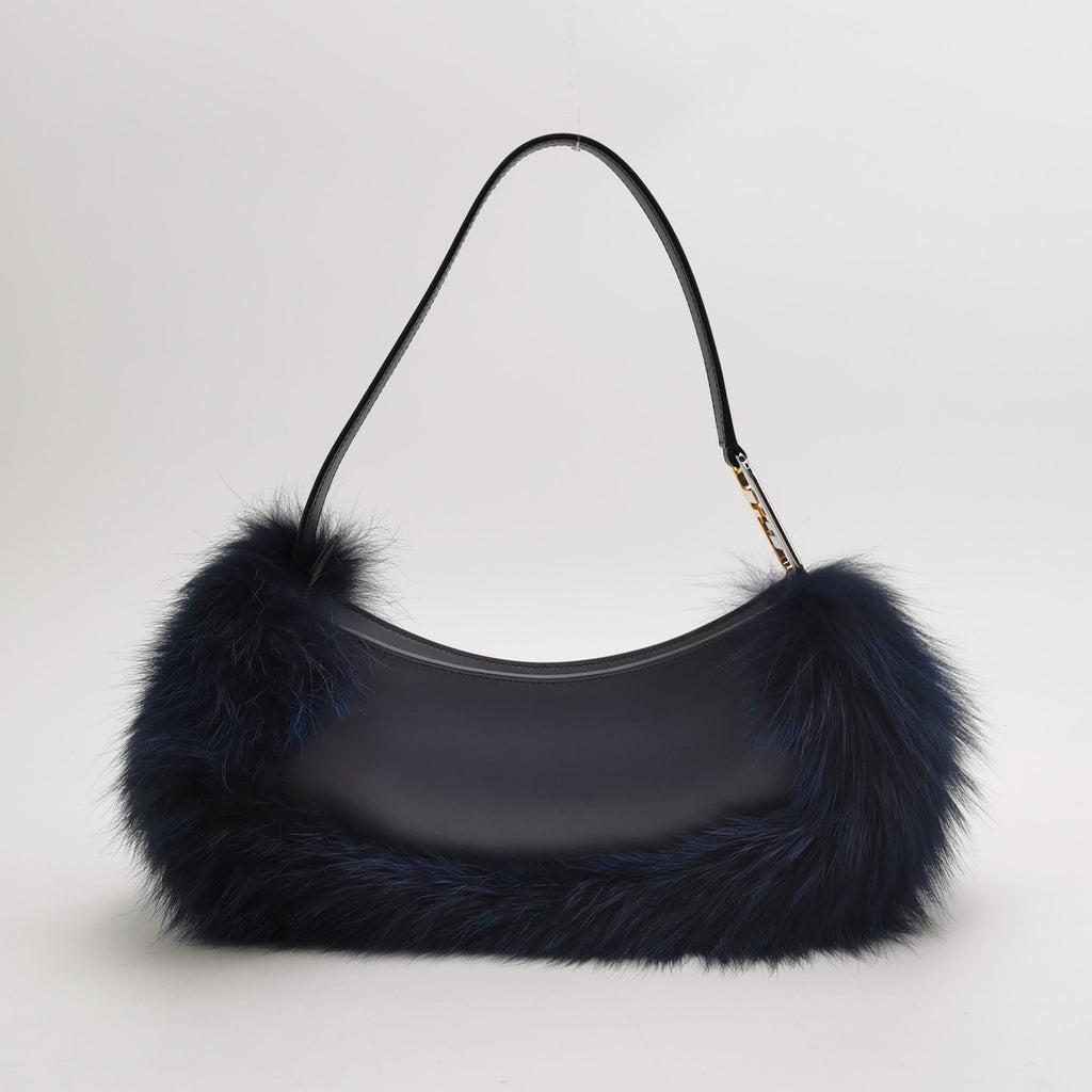 FENDI O Lock Navy Leather and Faux Fur Shoulder Bag