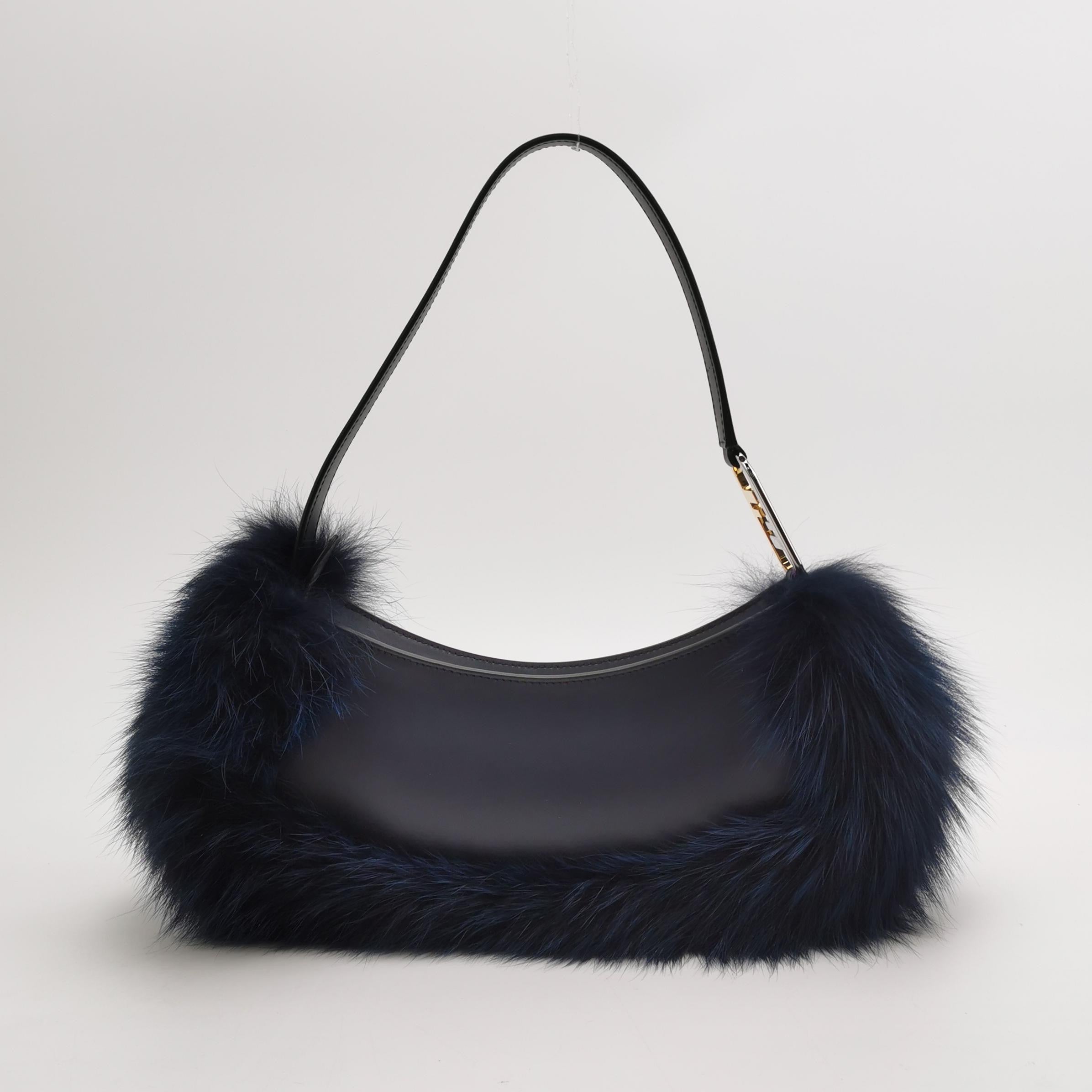 FENDI O Lock Navy Leather and Faux Fur Shoulder Bag