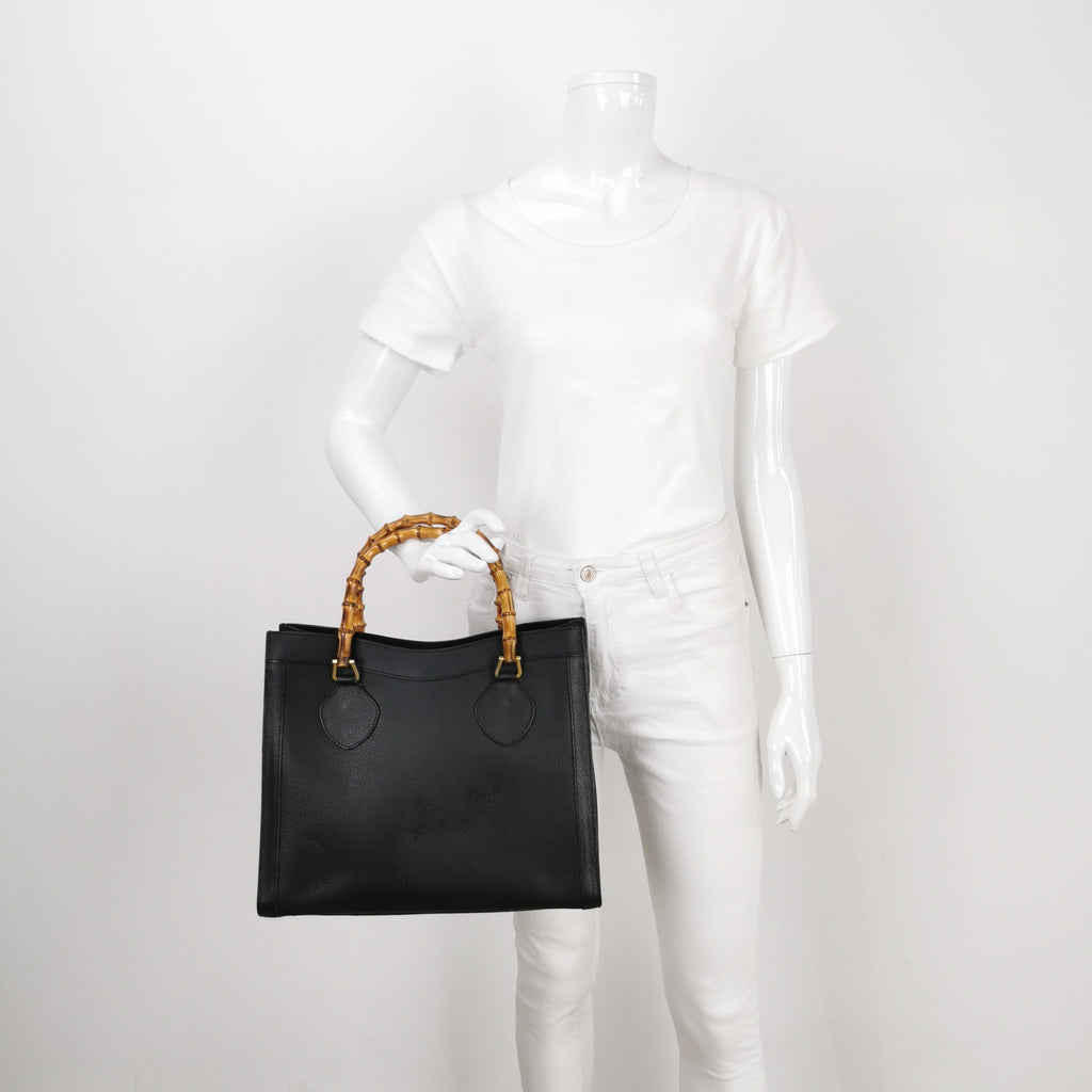 Gucci Diana Vintage Large Black Calfskin Leather Bamboo Top Handles Tote Bag