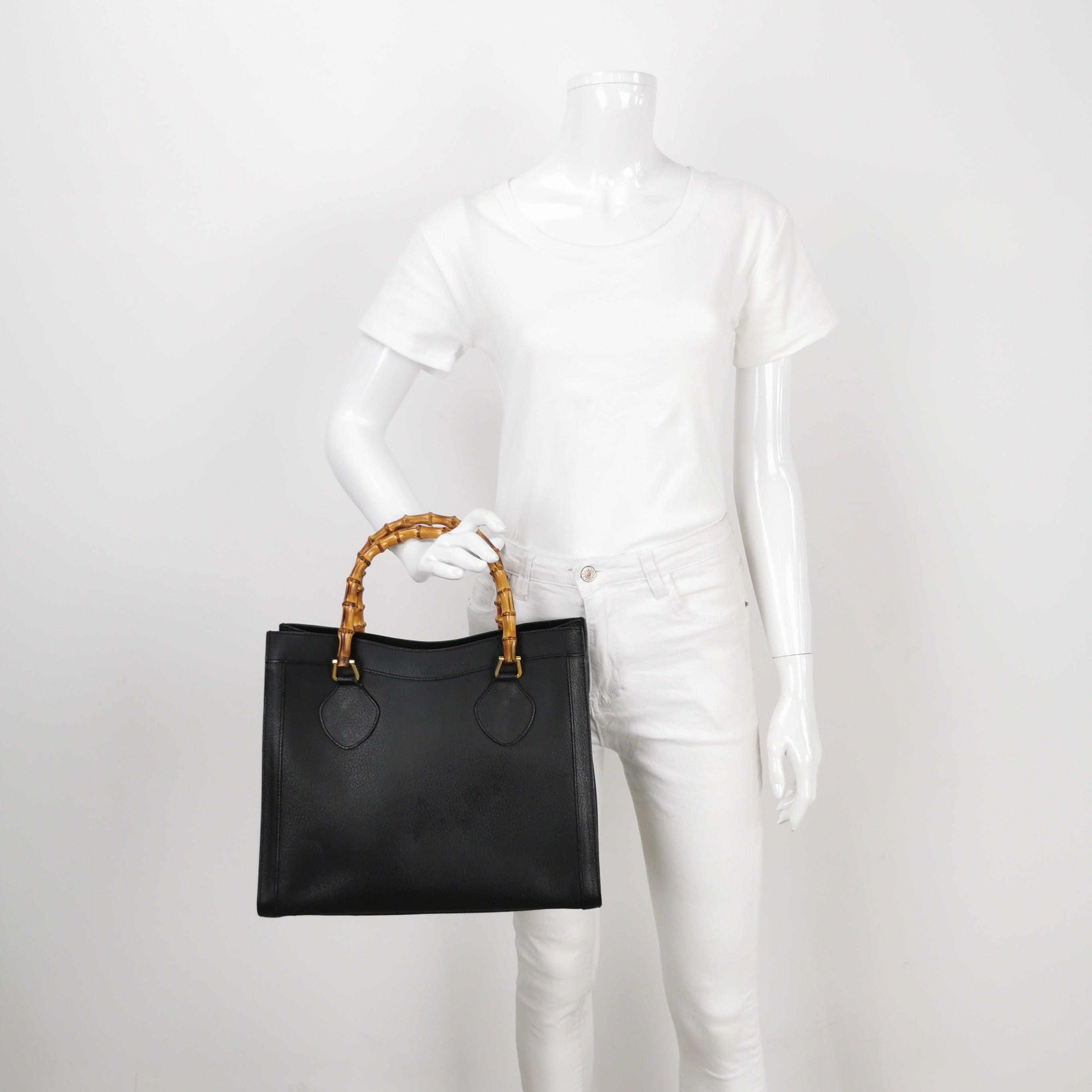 Gucci Diana Vintage Large Black Calfskin Leather Bamboo Top Handles Tote Bag