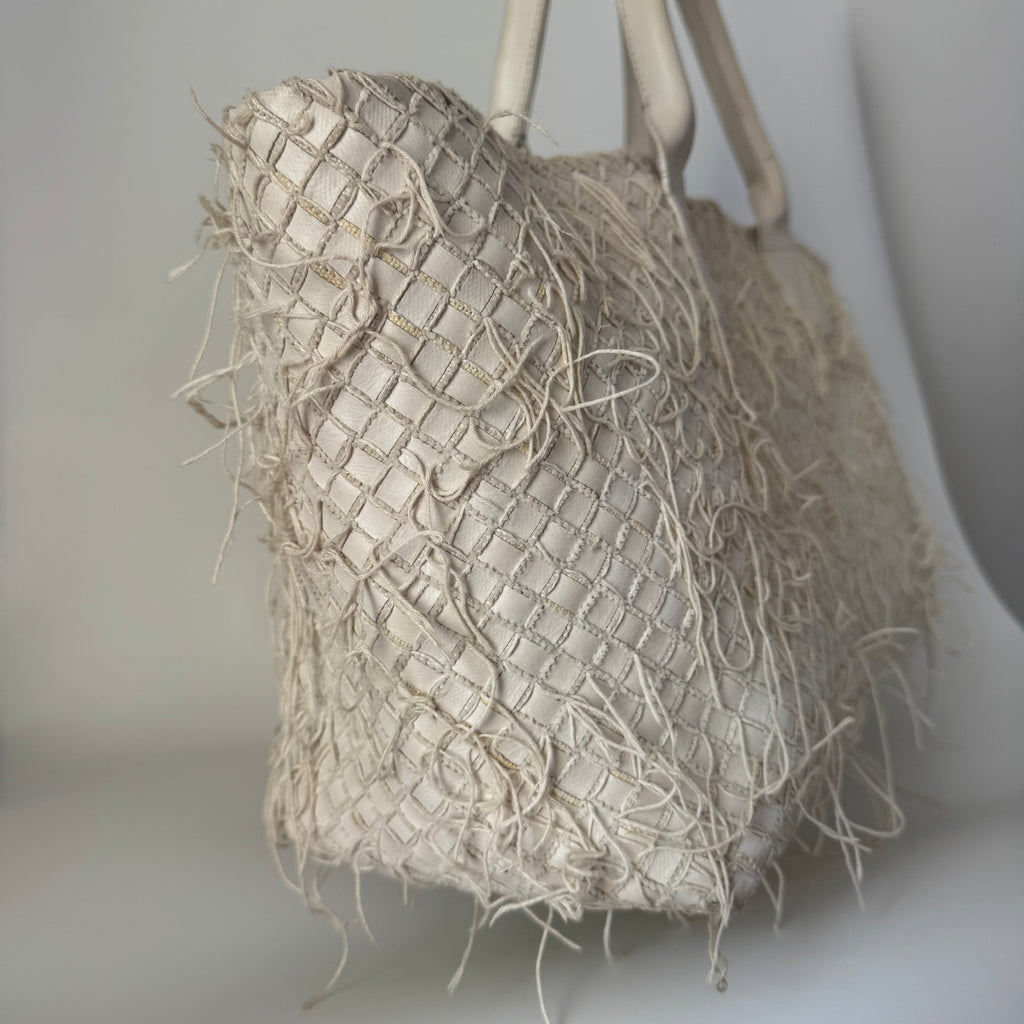 Bottega Veneta Cabat Large Intreccio Leather with Fringes White Ecru 40cm