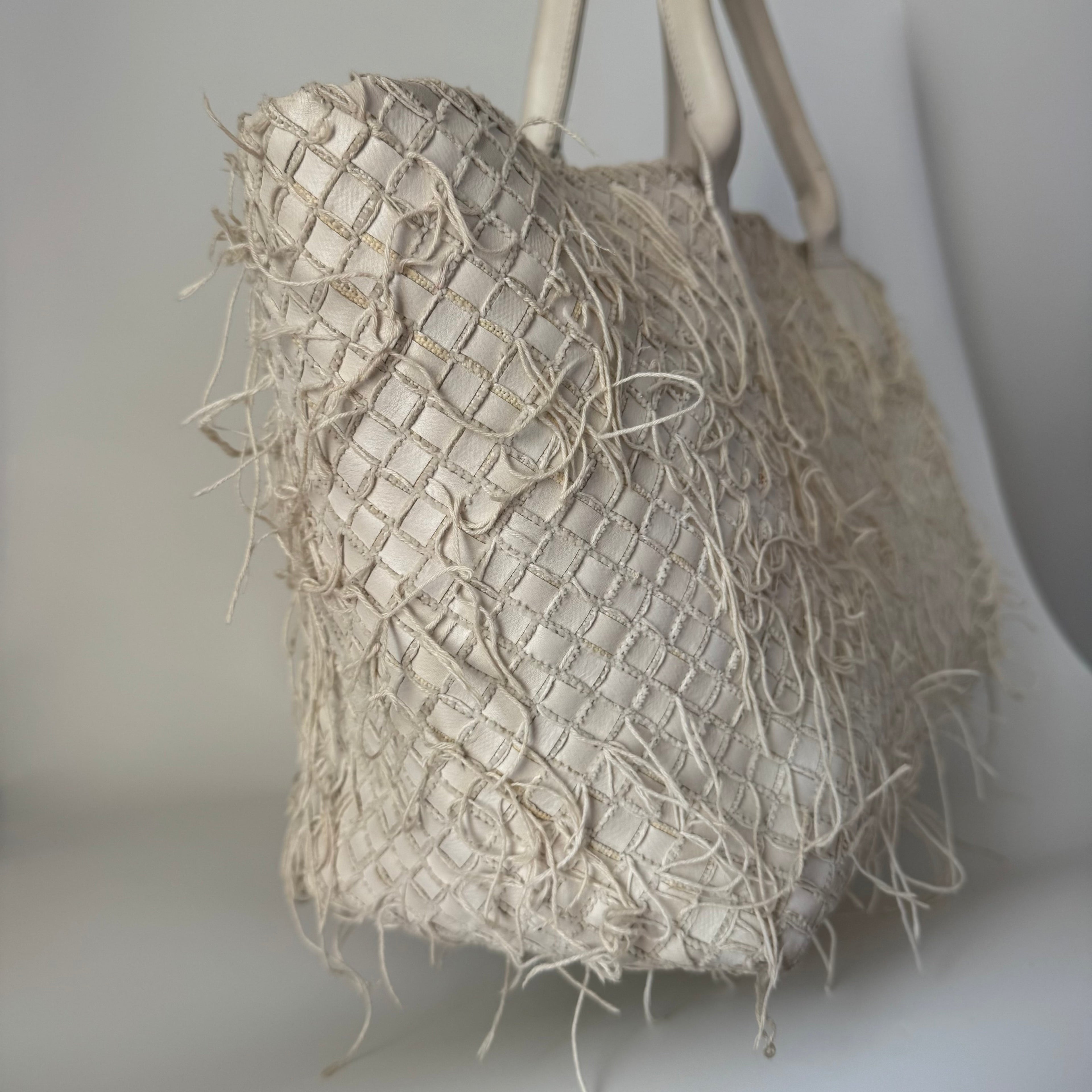 Bottega Veneta Cabat Large Intreccio Leather with Fringes White Ecru 40cm