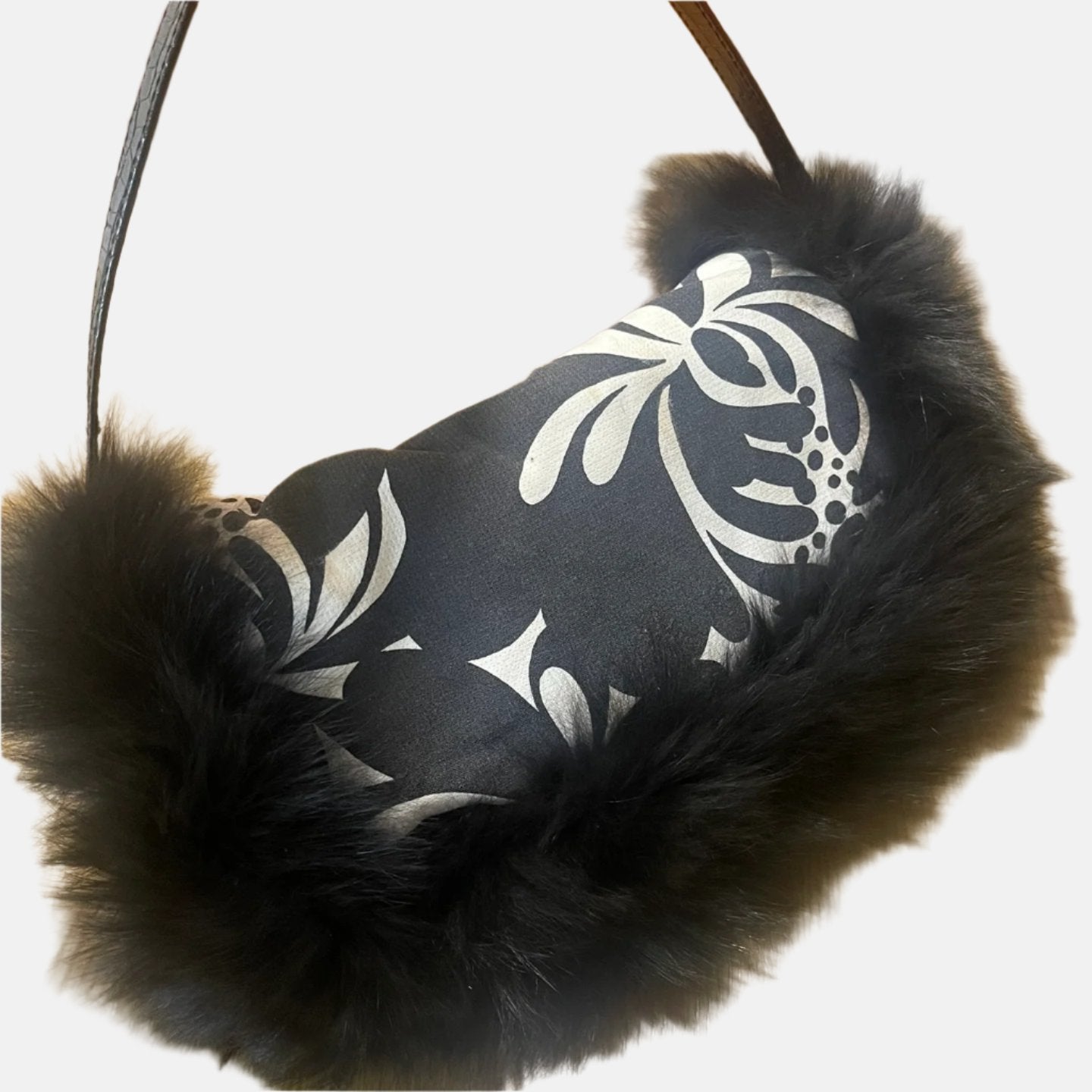 Fendi Baguette Black Print Fabric and Furry Shoulder Bag