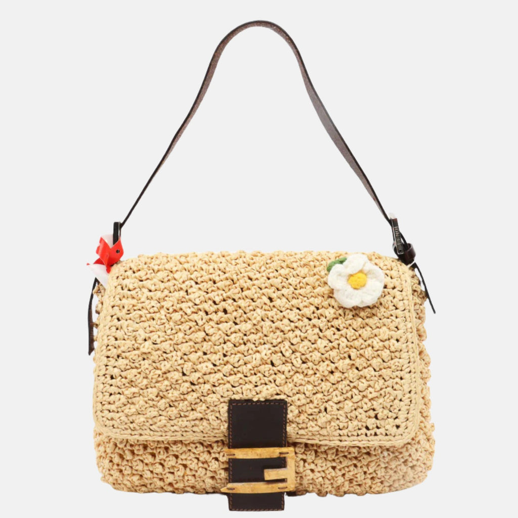 Fendi Mamma Baguette Raffia Crochet Shoulder Bag with Flower