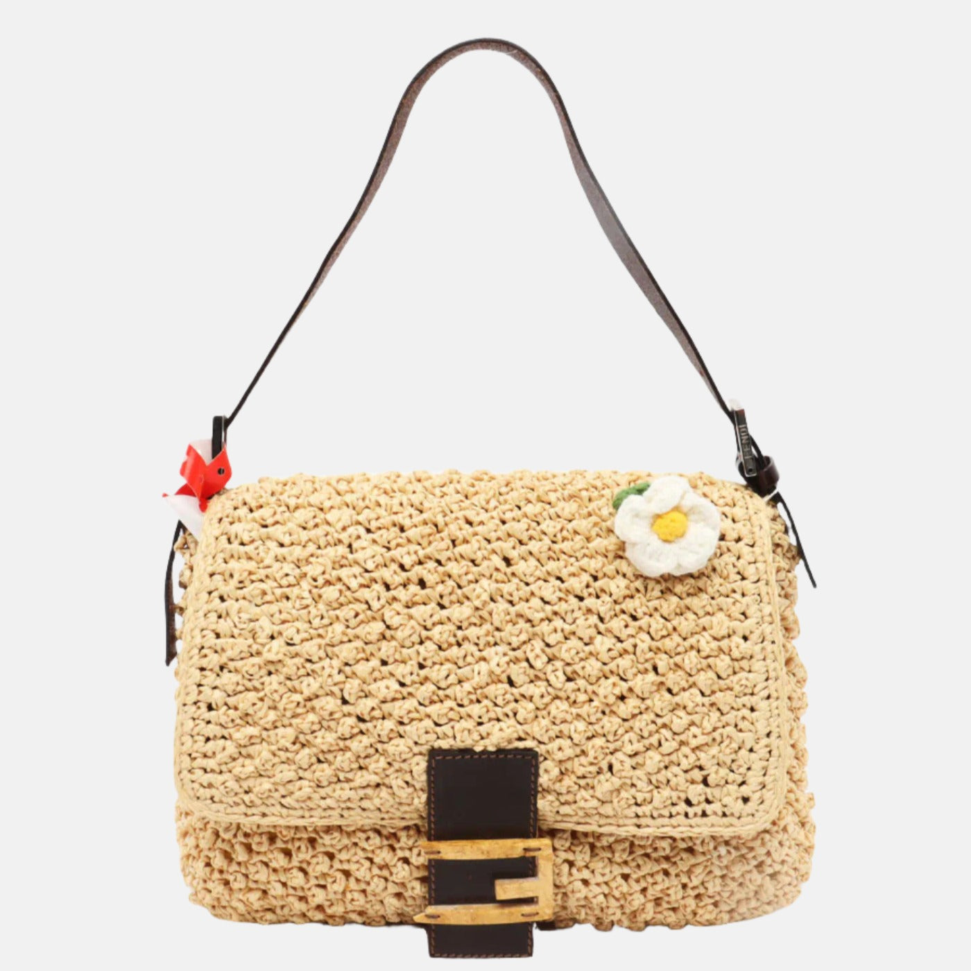 Fendi Mamma Baguette Raffia Crochet Shoulder Bag with Flower