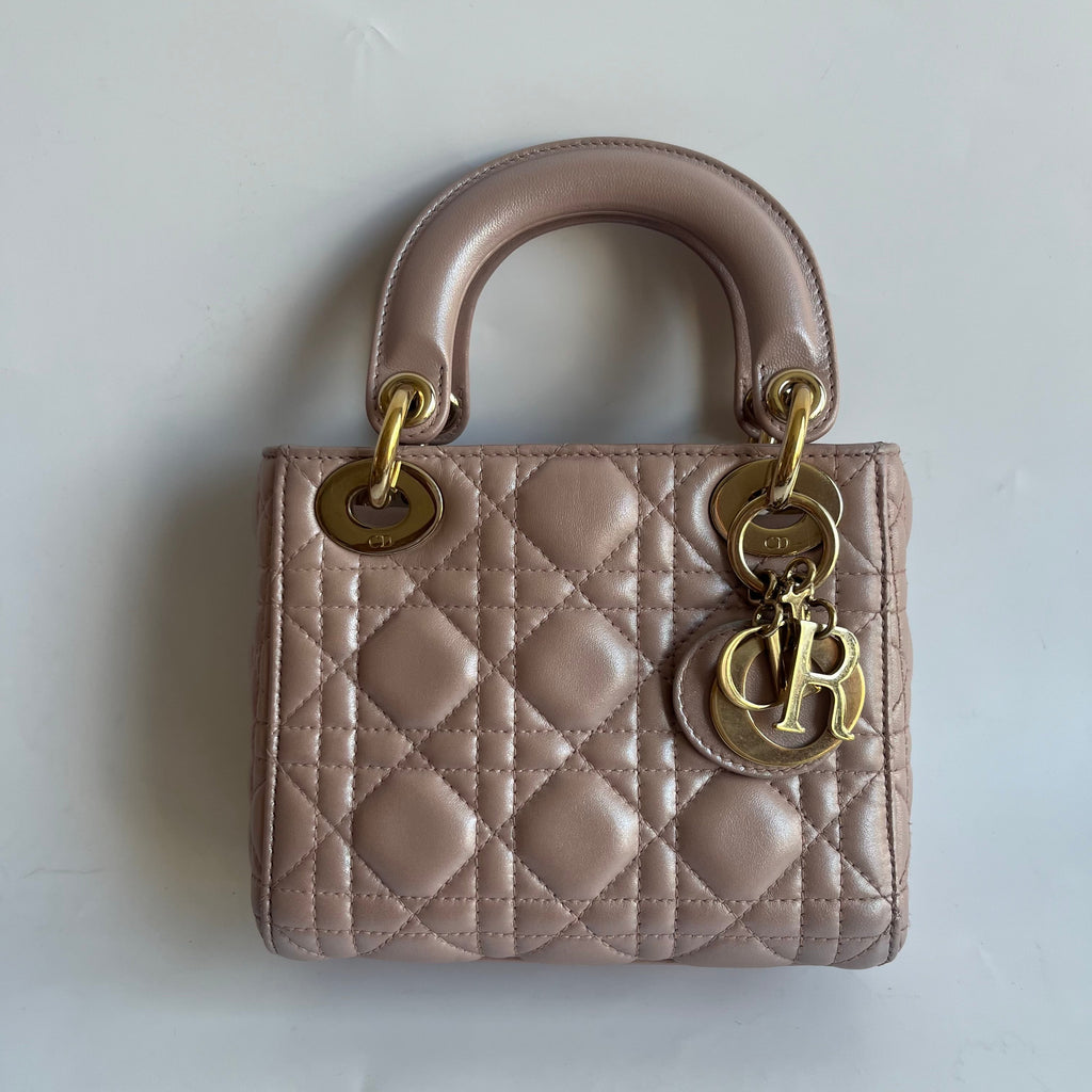 Lady Dior Mini Pearlescent Pink Lambskin Leather Gold HW Chain Strap