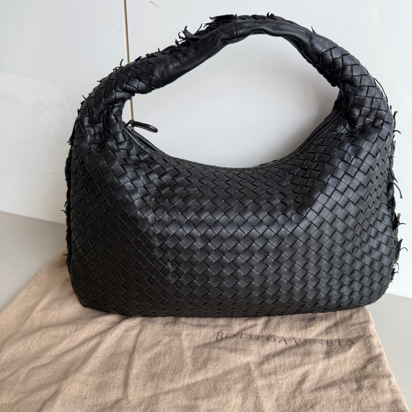 Bottega Veneta Intrecciato Hobo Bag Medium With Fringes Black Lambskin leather 40cm