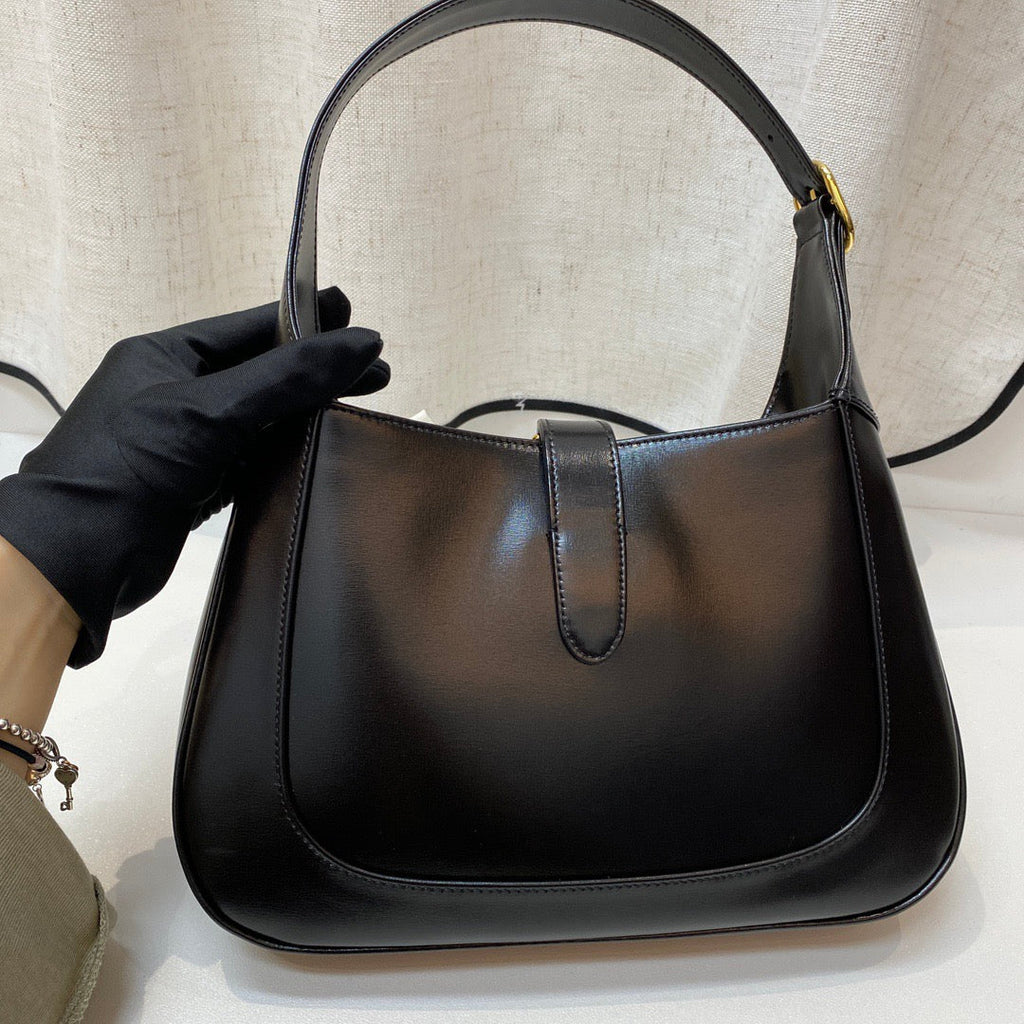 Gucci Jackie 1961 Black Leather Bag Small Piston Lock With Strap