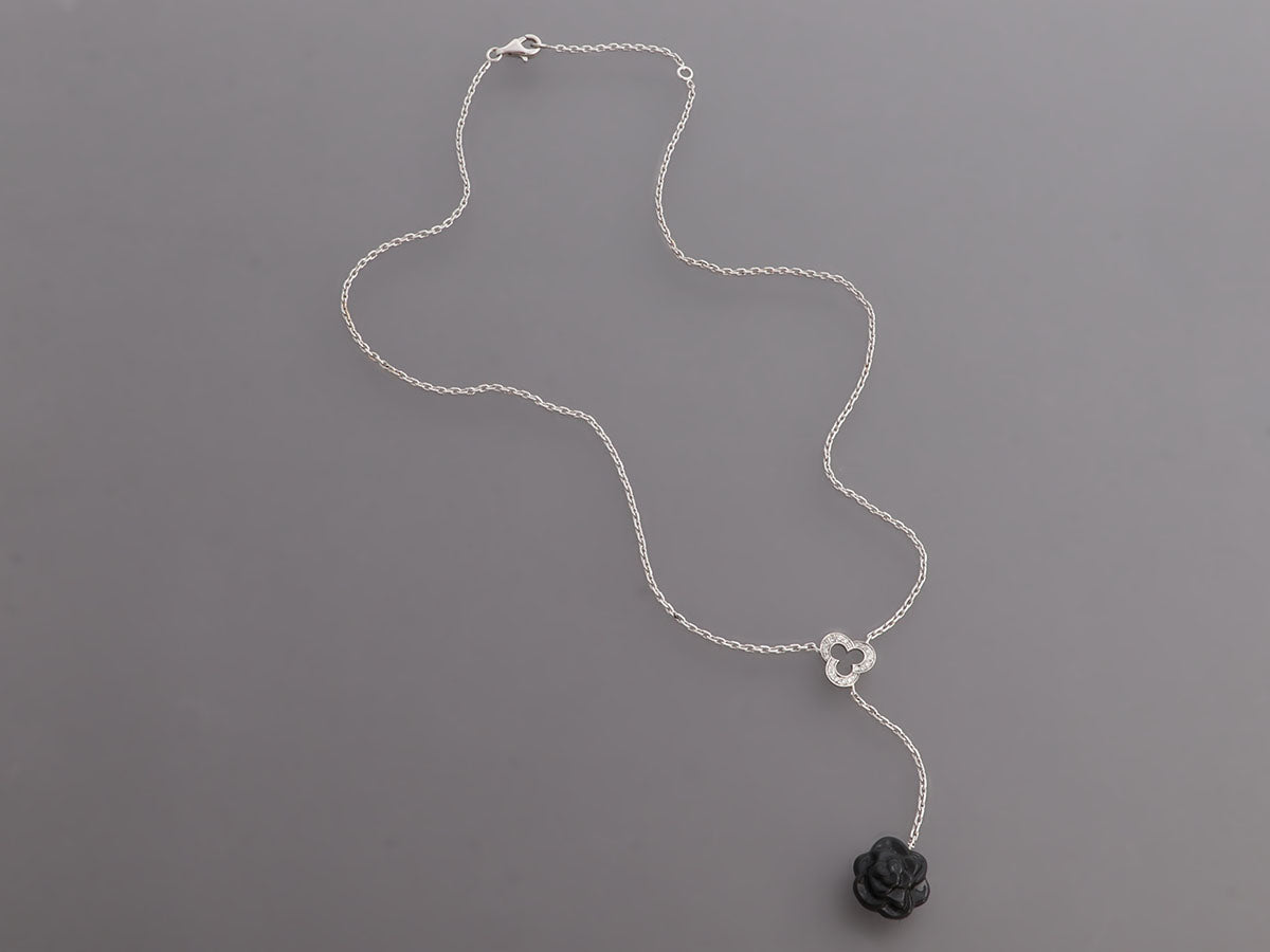 Chanel 18K White Gold Diamond and Black Onyx Camélia Sculpté Drop Necklace