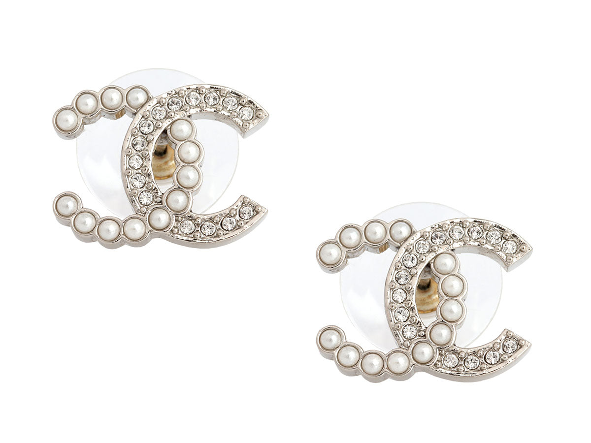 Chanel Crystal and Pearl Logo Pierced Earrings