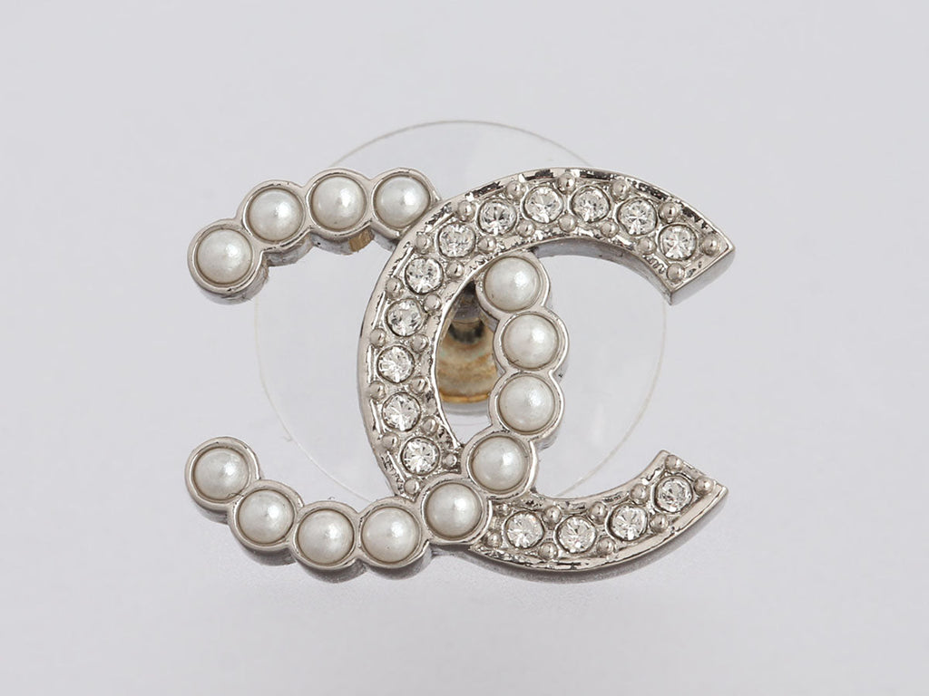 Chanel Crystal and Pearl Logo Pierced Earrings