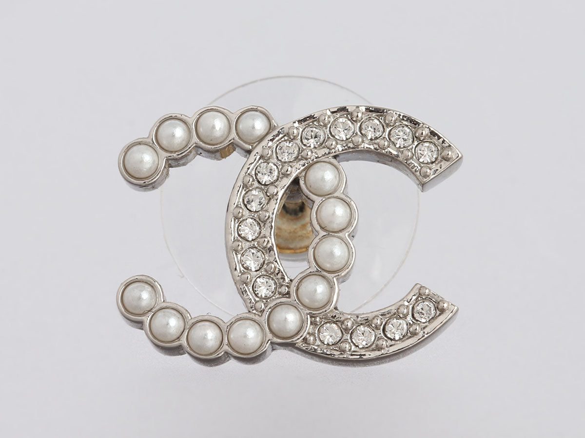 Chanel Crystal and Pearl Logo Pierced Earrings