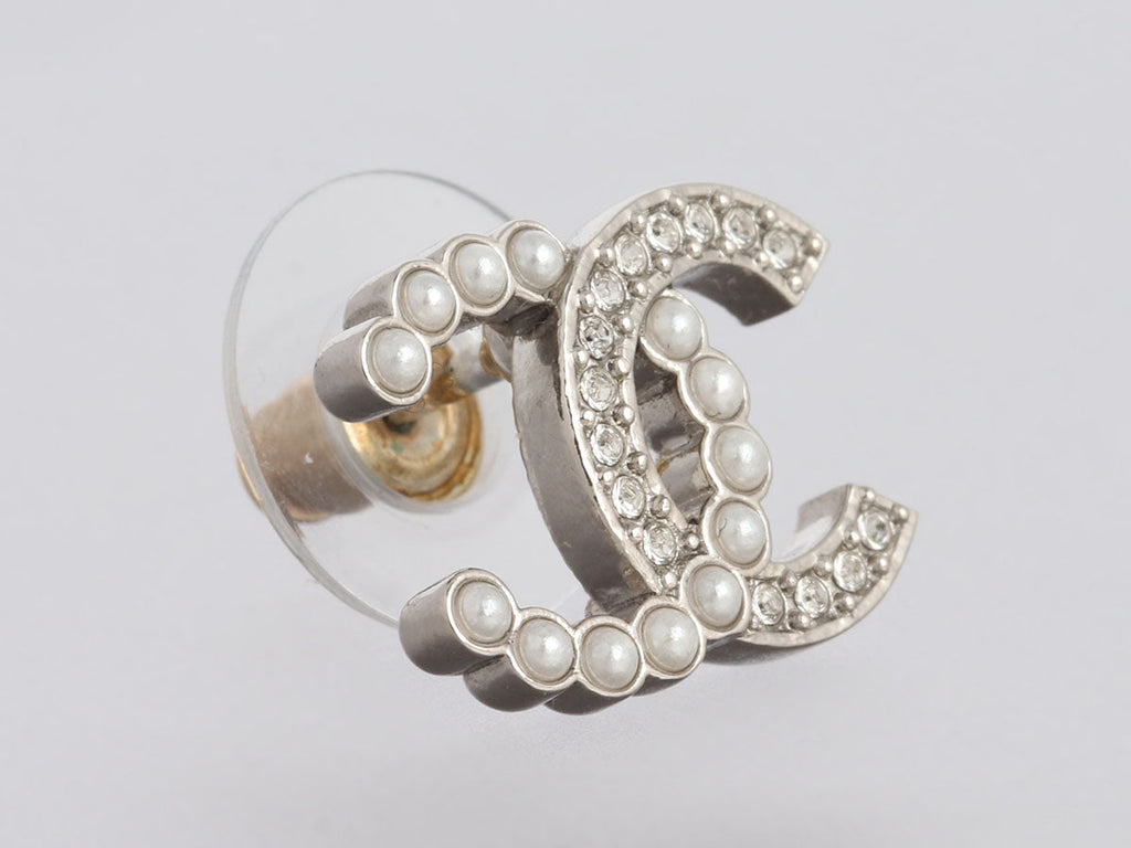 Chanel Crystal and Pearl Logo Pierced Earrings