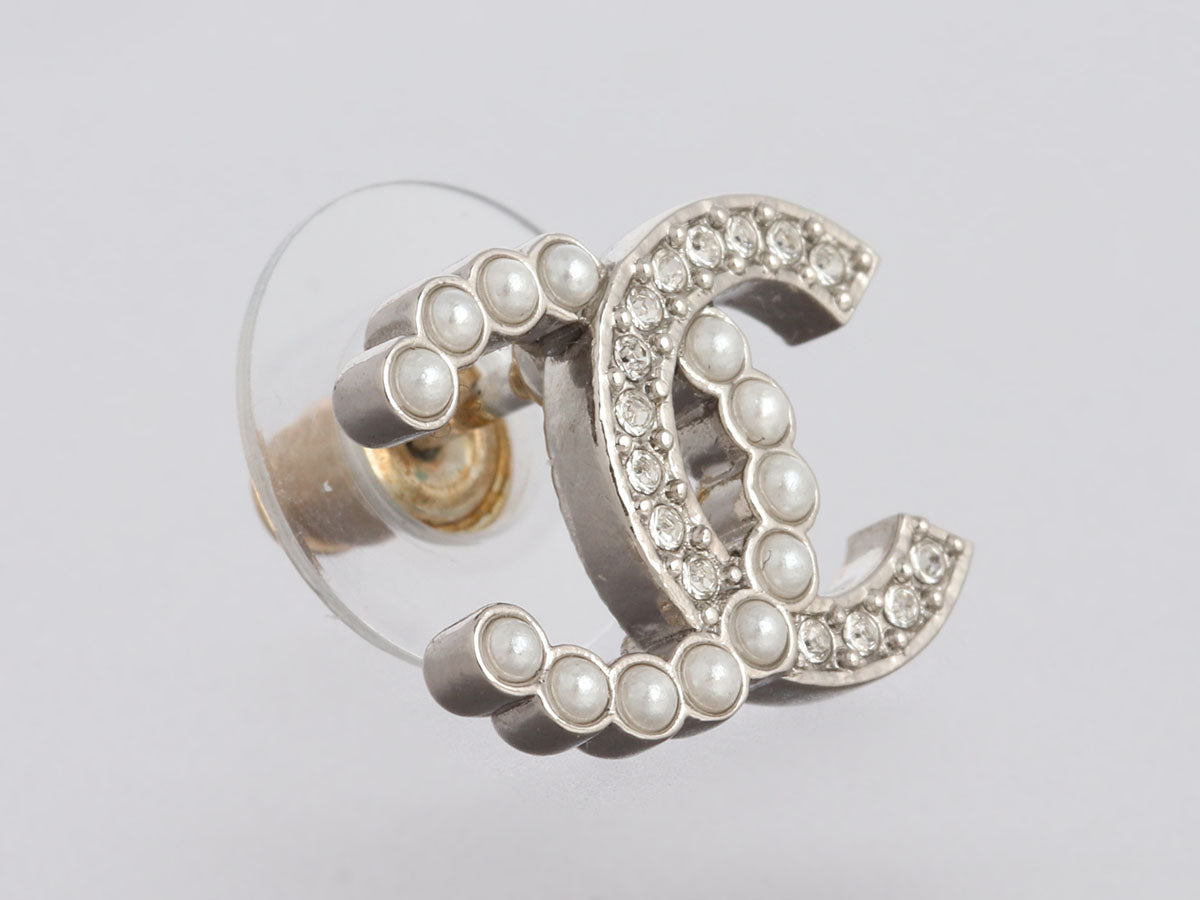 Chanel Crystal and Pearl Logo Pierced Earrings