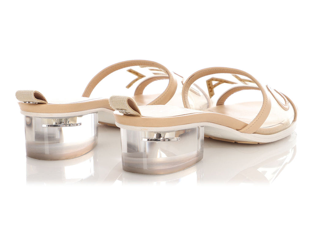 Chanel Beige Leather and PVC Slide Sandals