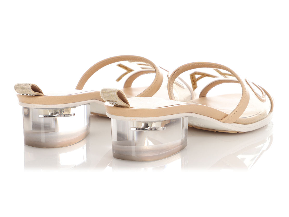 Chanel Beige Leather and PVC Slide Sandals