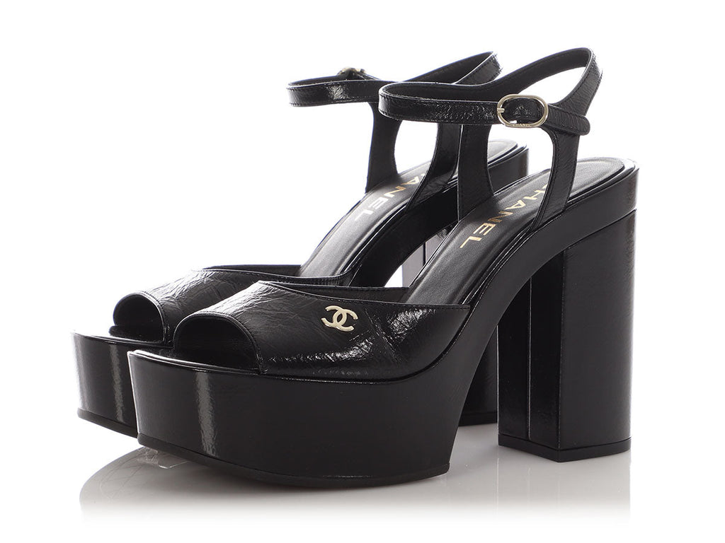 Chanel Black Patent Platform Sandals