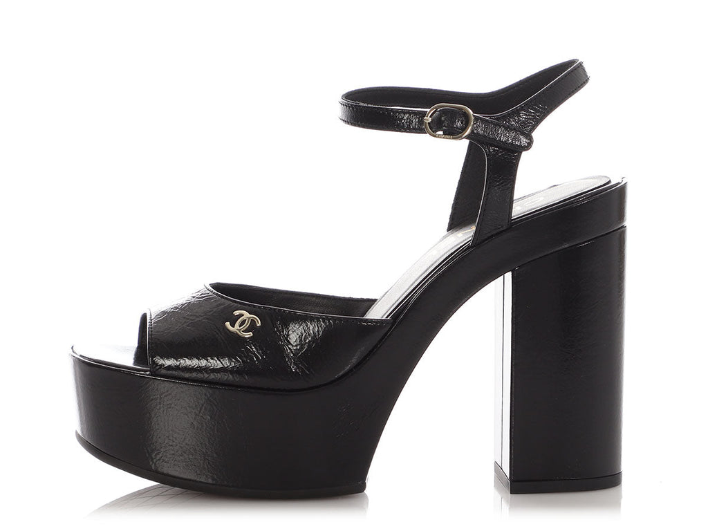 Chanel Black Patent Platform Sandals