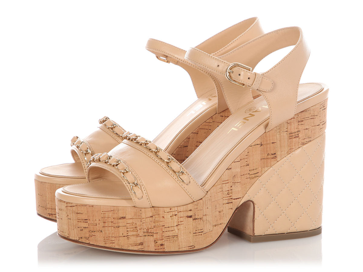 Chanel Beige Lambskin and Chain Cork Platform Sandals