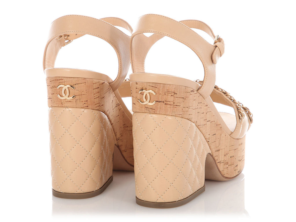 Chanel Beige Lambskin and Chain Cork Platform Sandals