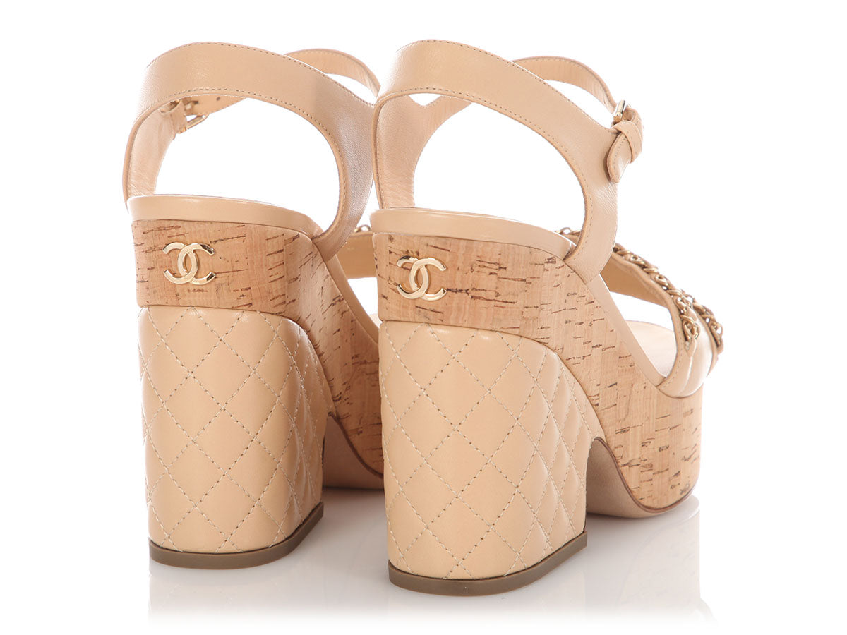 Chanel Beige Lambskin and Chain Cork Platform Sandals
