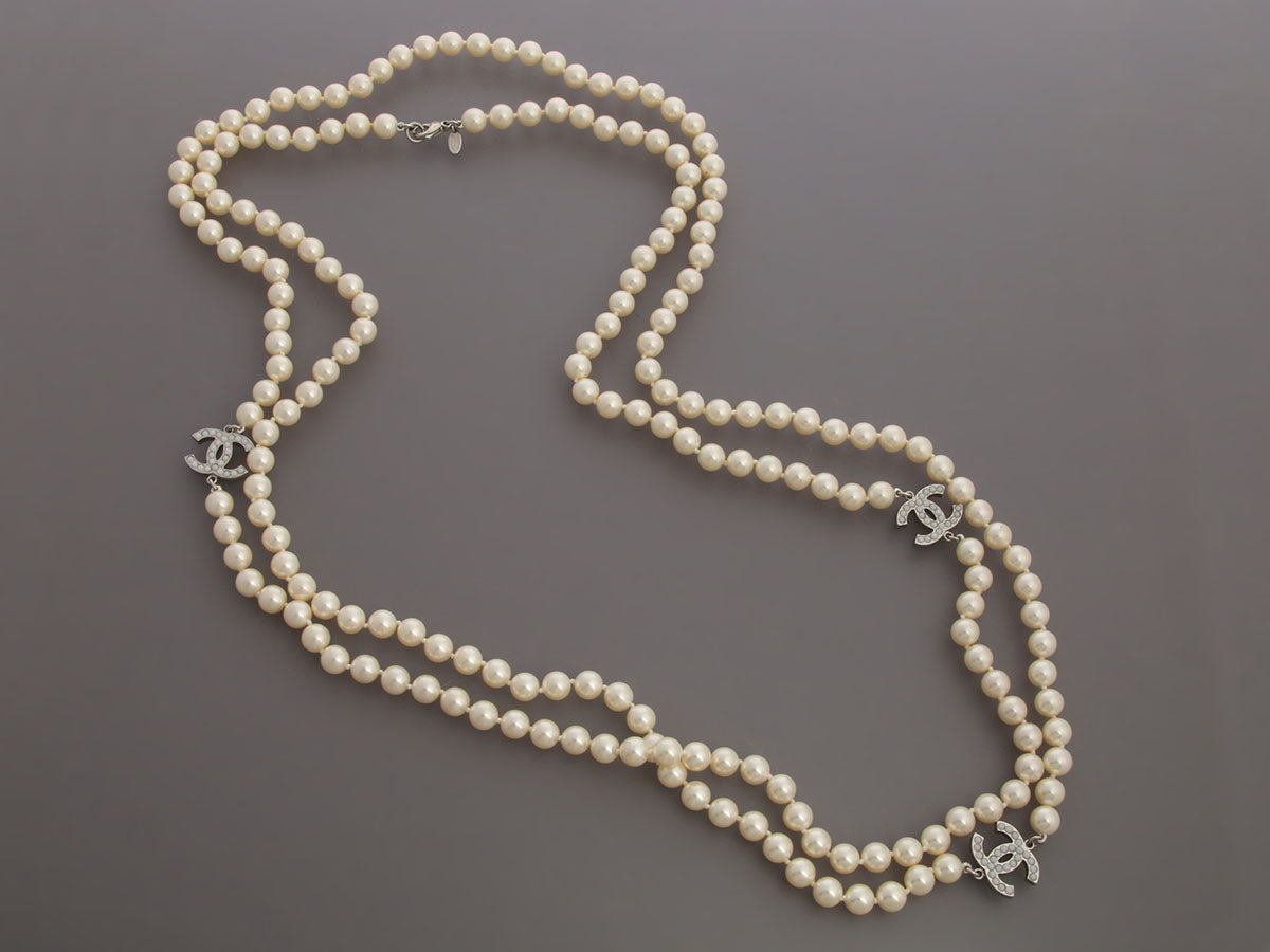 Chanel Extra Long Pearl Logo Necklace