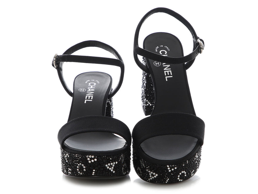 Chanel Black and Silver Crystal Platform Sandals