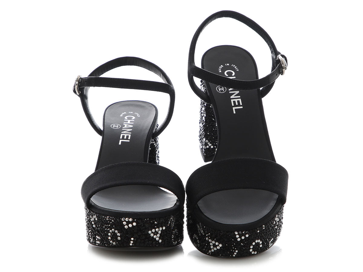 Chanel Black and Silver Crystal Platform Sandals