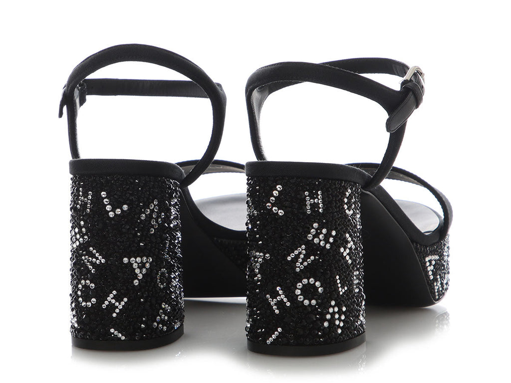 Chanel Black and Silver Crystal Platform Sandals