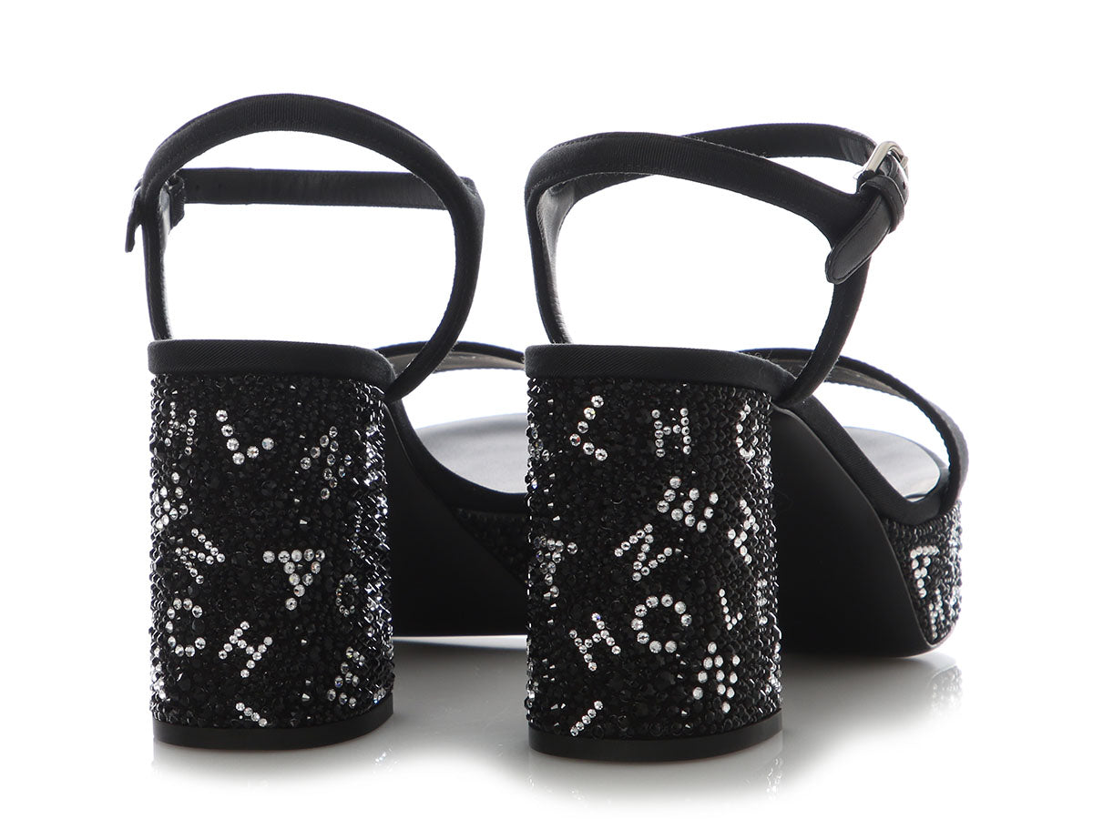Chanel Black and Silver Crystal Platform Sandals