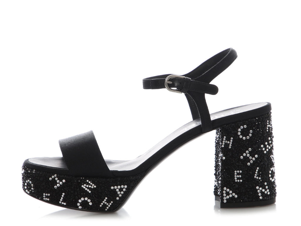 Chanel Black and Silver Crystal Platform Sandals