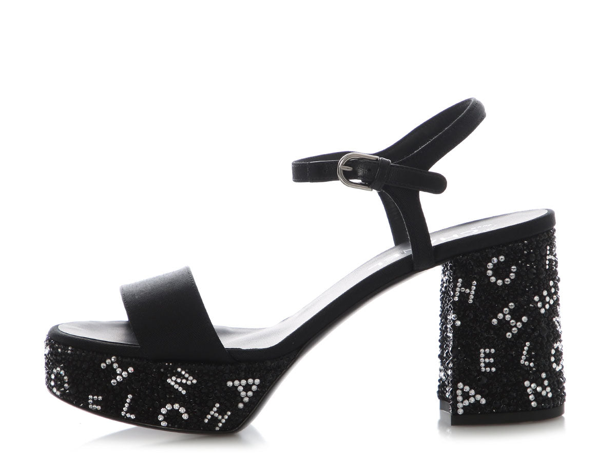 Chanel Black and Silver Crystal Platform Sandals
