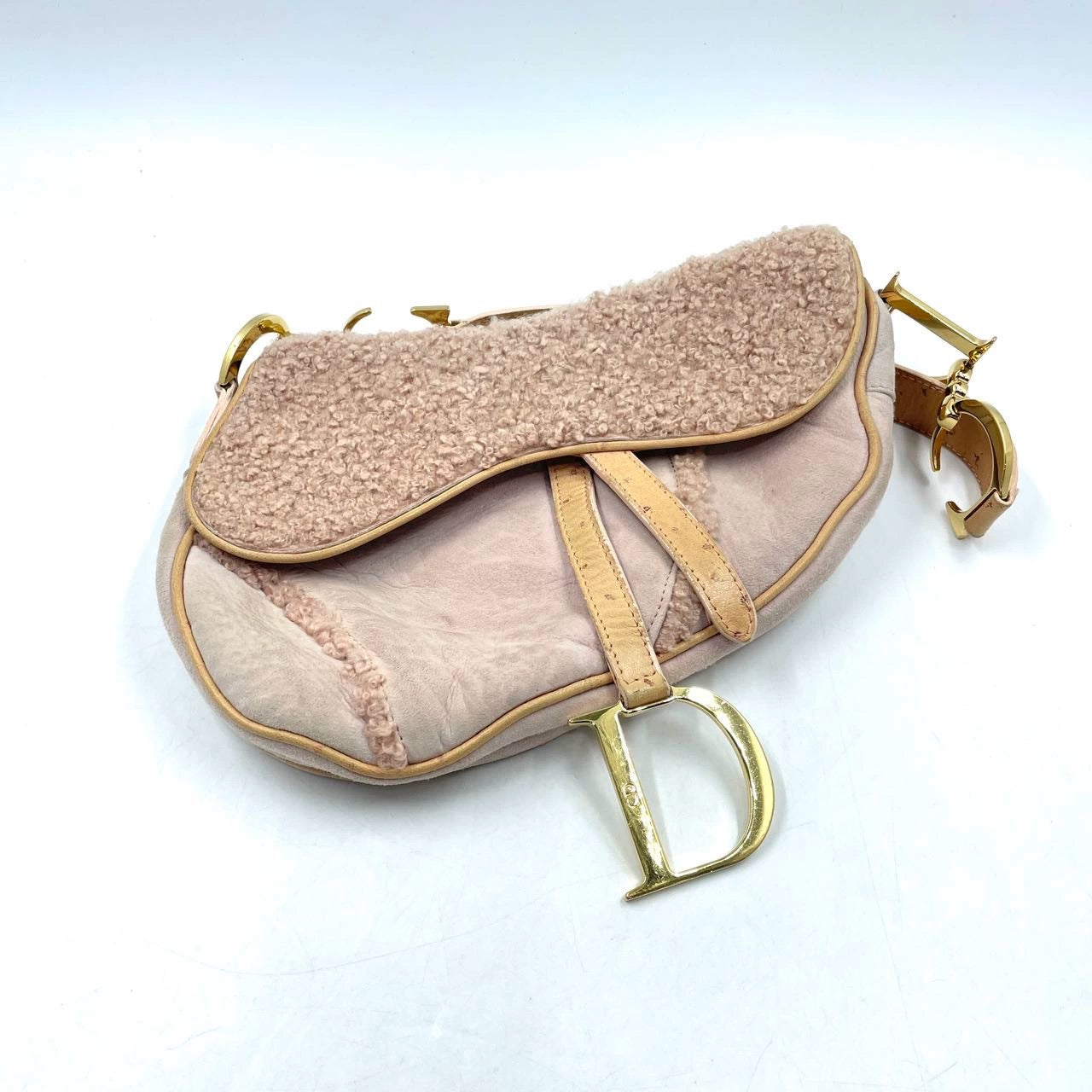 Dior Saddle Vintage Shoulder Bag Medium Shearling and Ostrich Leather Pink