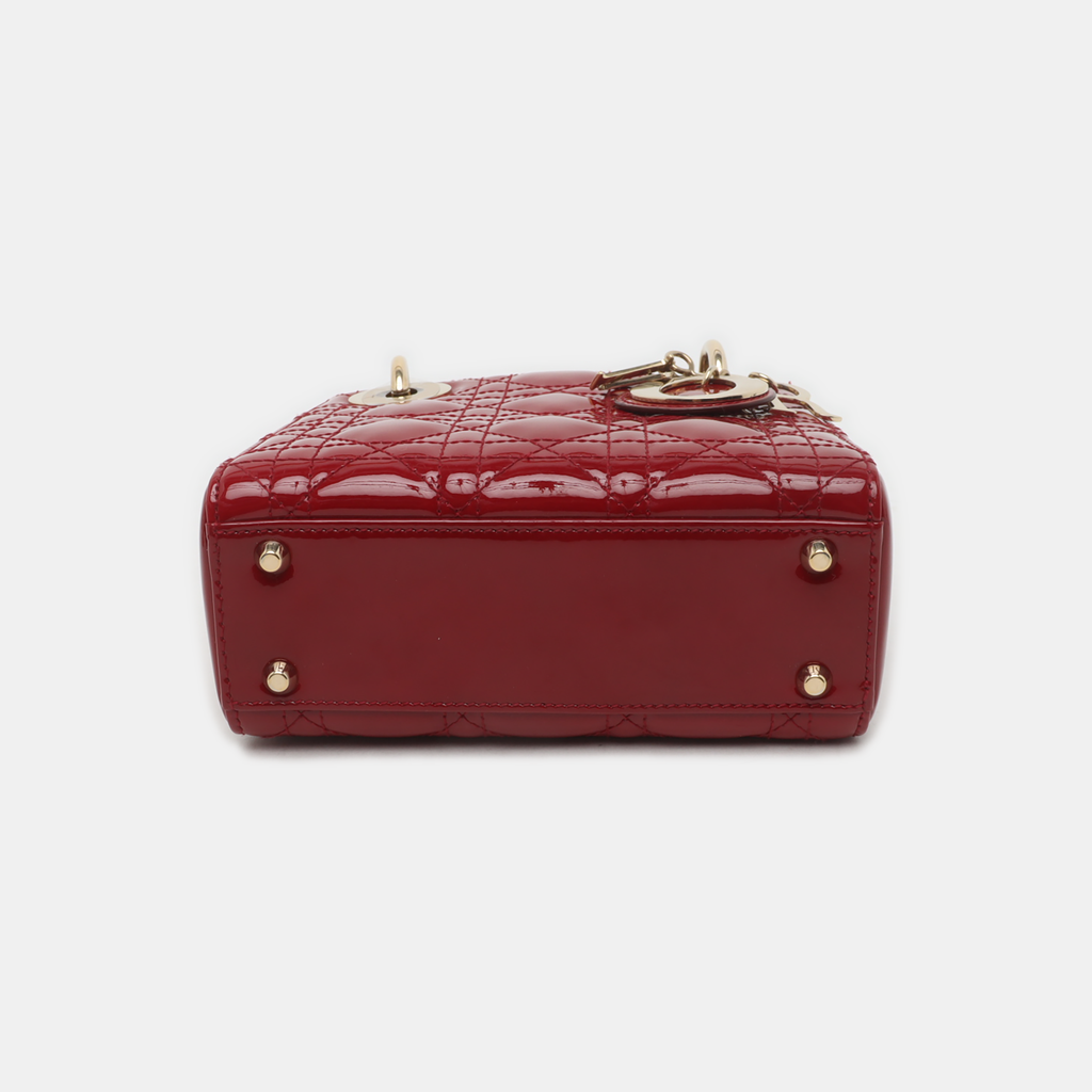 Lady Dior Mini Handbag Burgundy Red Patent Leather Gold-tone Chain Strap