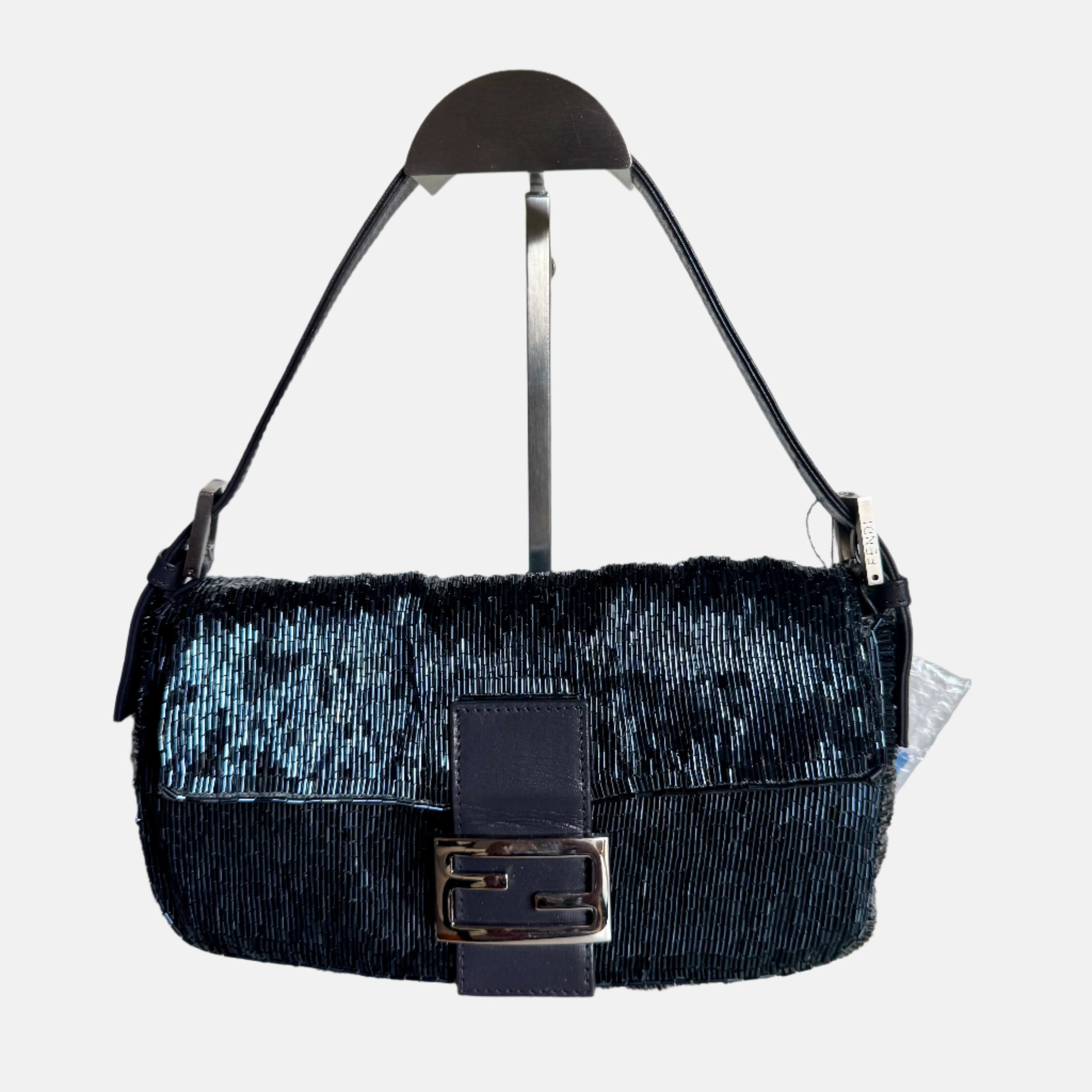 Fendi Baguette Metallic Navy Black Glittering Waterfall Beads Shoulder Bag