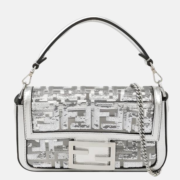 Fendi Baguette Mini Fendi x Nicki Minaj Silver PVC and Leather with Glitter Sequins Crossbody Bag