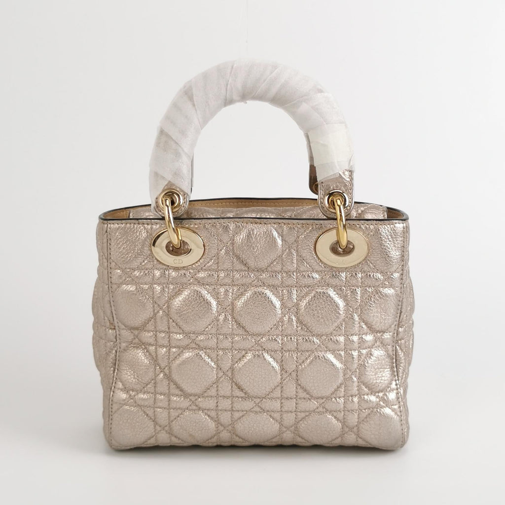 Lady Dior Small Supple Calfskin Leather Gold Cannage Handbag with Strap