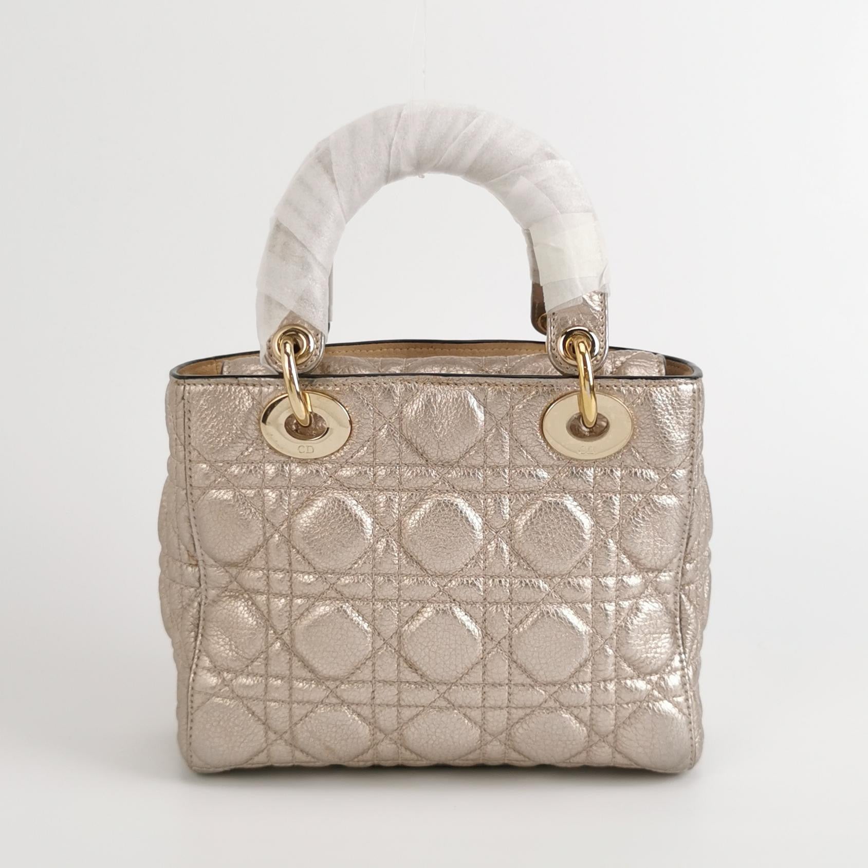 Lady Dior Small Supple Calfskin Leather Gold Cannage Handbag with Strap