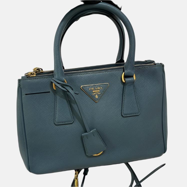 Prada Galleria Saffiano Leather Mini Grey Blue Handbag with Strap