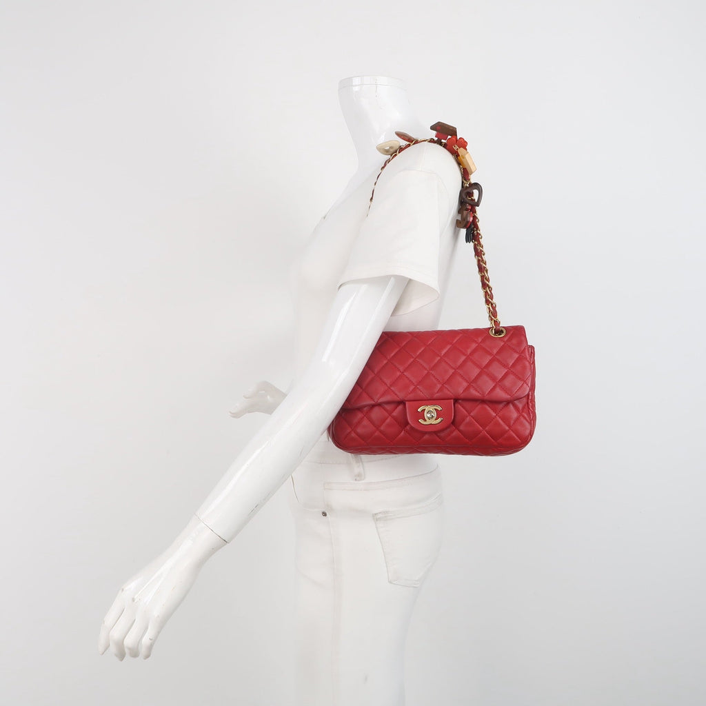 Chanel Seasonal Flap Medium Red Lambskin Leather Valentine Marine Charms