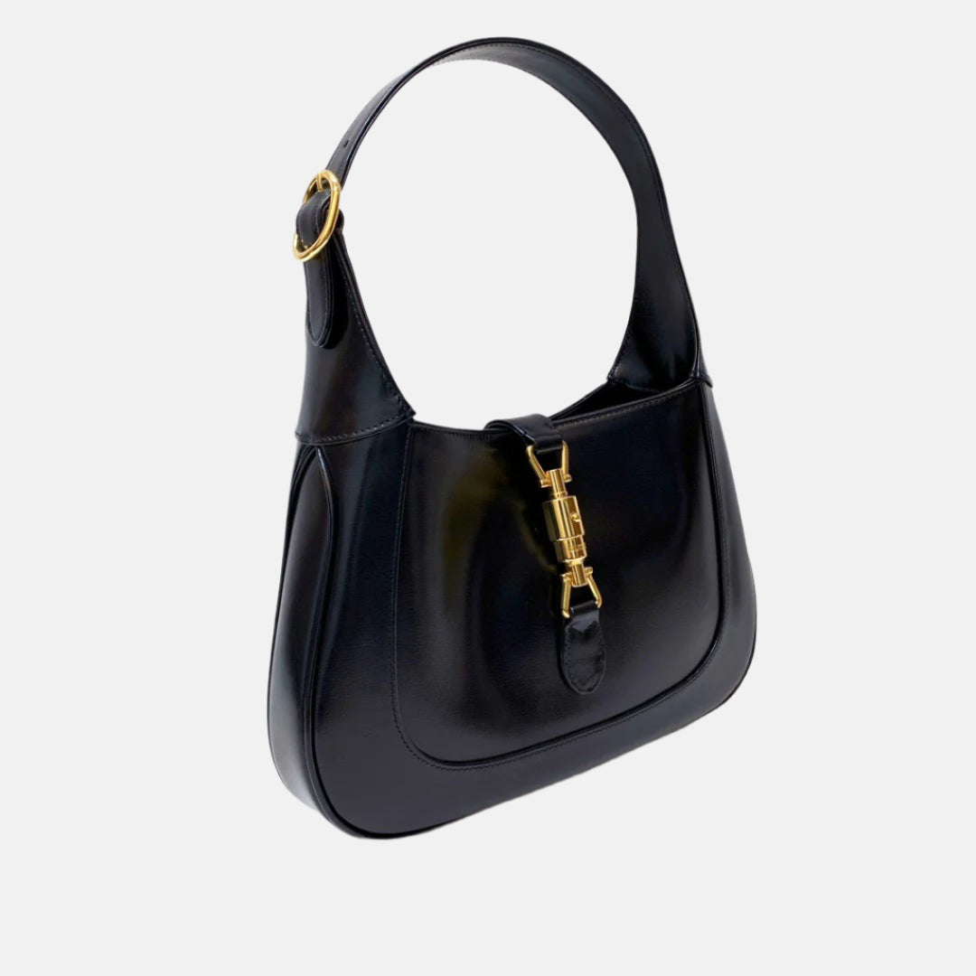 Gucci Jackie 1961 Black Leather Bag Small Piston Lock With Strap